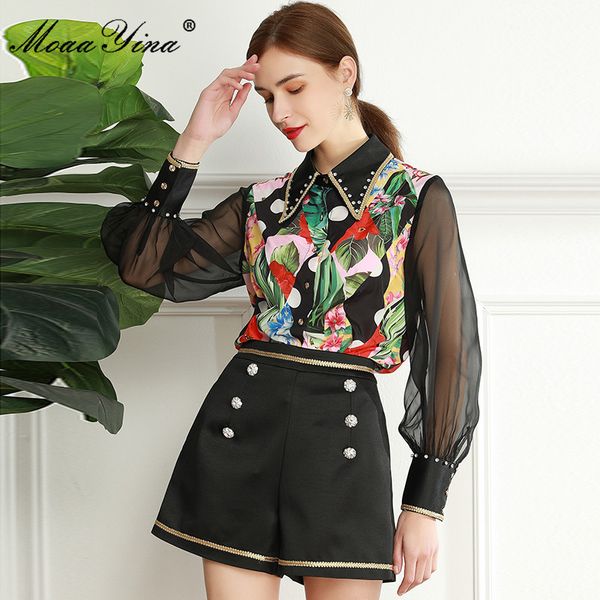 

fashion set spring women's crystal turn-down collar long sleeve floral-print blouses +shorts black two-piece set 210524, White