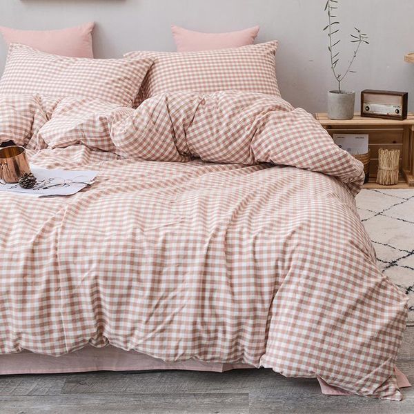 

bedding sets pink white plaid check 100% cotton washed 3pcs duvet cover sets(2*pillowcase+1*duvet cover)