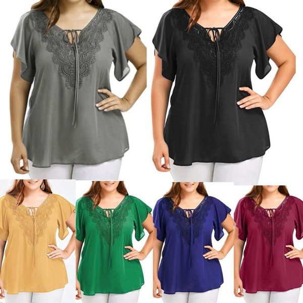 

plus size t-shirt shirts for womens fashion summer loose casual solid lace bat short sleeve camiseta mujer, Black
