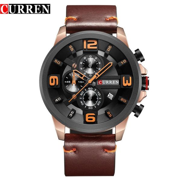 

wristwatches curren fashion sports wristwatch leather strap chronograph male clock calendar casual men watches, Slivery;brown