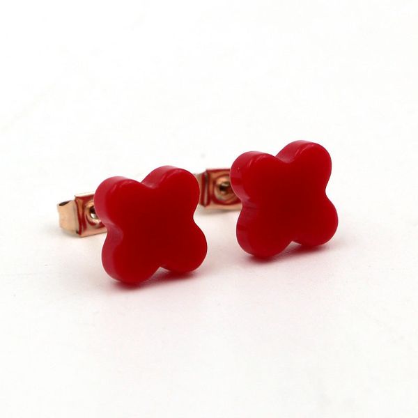 

e5-111a japanese and korean fashion red resin clover rose gold personalized titanium steel earrings, Golden