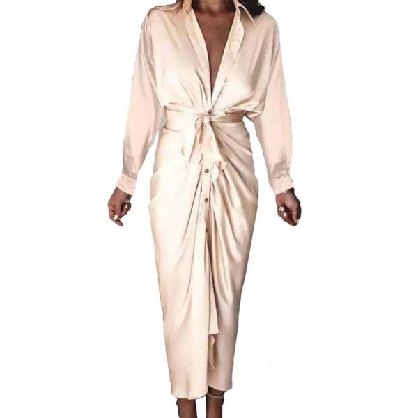 

casual dresses women dress office solid color slim satin surface single-breasted lace-up long shirt laides autumn, Black;gray