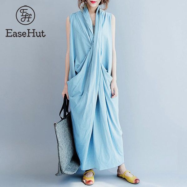 

easehut sleeveless cross maxi long dress robe blue black casual pockets baggy cotton vestidos 4xl 5xl plus size dresses woman, Black;gray