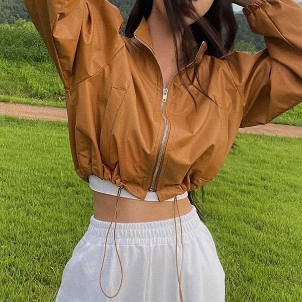 

women's jackets autumn jacket women coat pu leather zipper up short thin female loose outwear fashion drawstring design, Black;brown