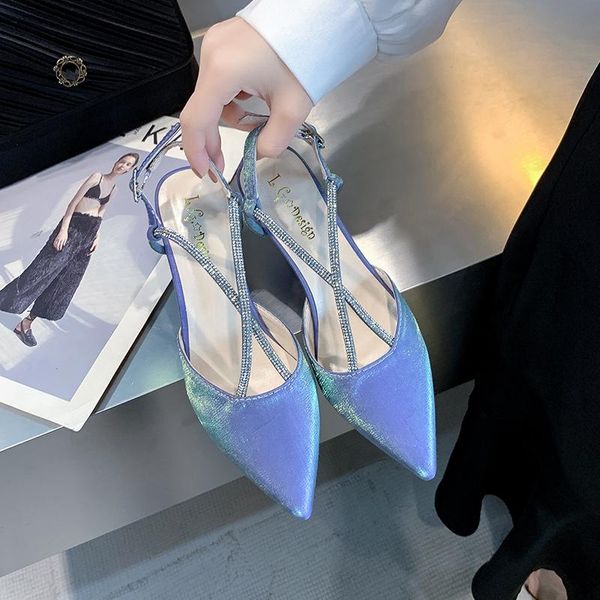 

summer rhinestone thin high heels 2021 women shoes slingbacks female pointed toe woman pumps office lady elegant sandals dress, Black
