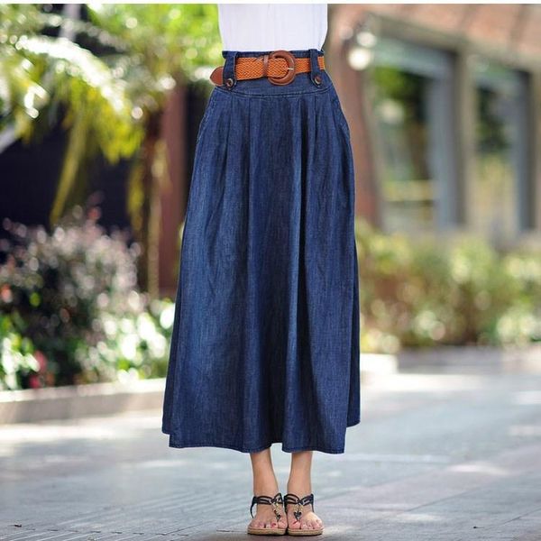 

skirts plus size women denim skirt a-line long elastic waist pleated female cowboy big swing, Black