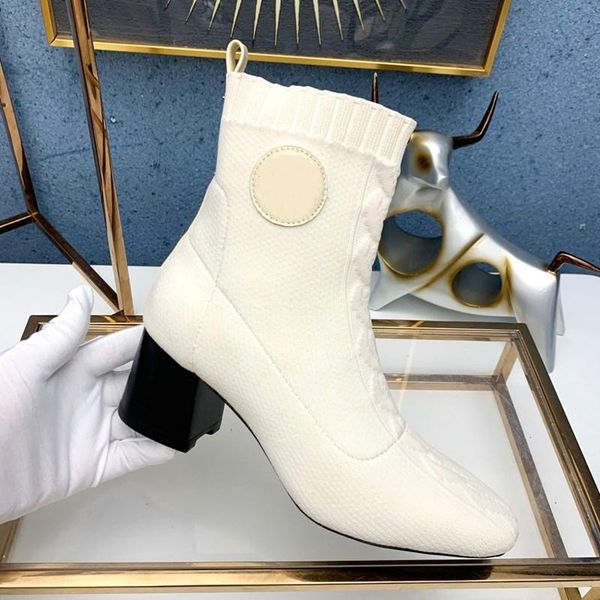 

boots sock ankle woman high heel genuine leather square toe shoes 2021 luxury designer zapatos de mujer, Black