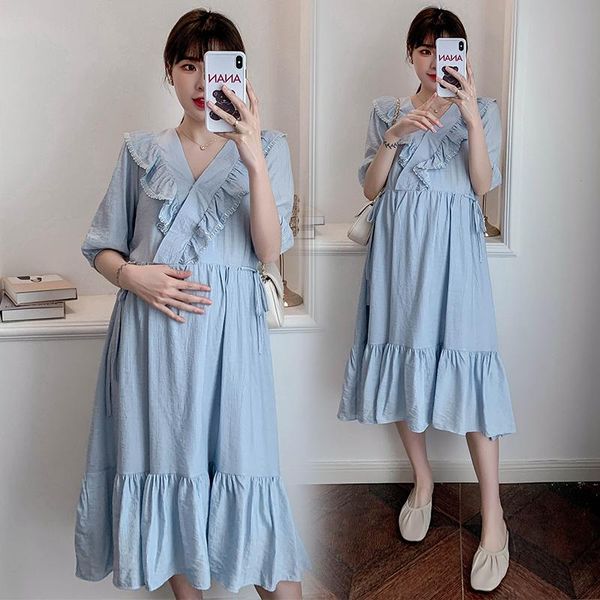 

blue plus size pregnant women breastfeeding dress short sleeve v-neck ruffles patchwork drawstring waist nursing lactation maternity dresses, White