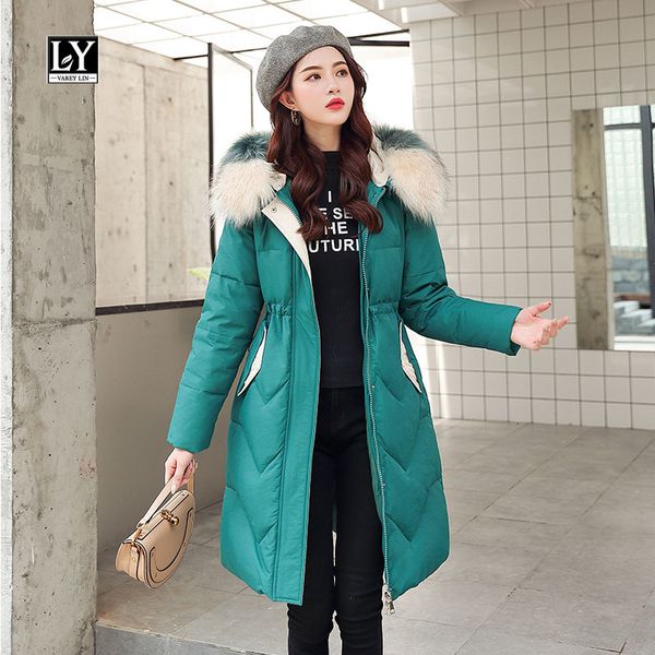 

down winter women cotton coats korean style long sleeve with fur collar slim solid thicken padded jackets, Black