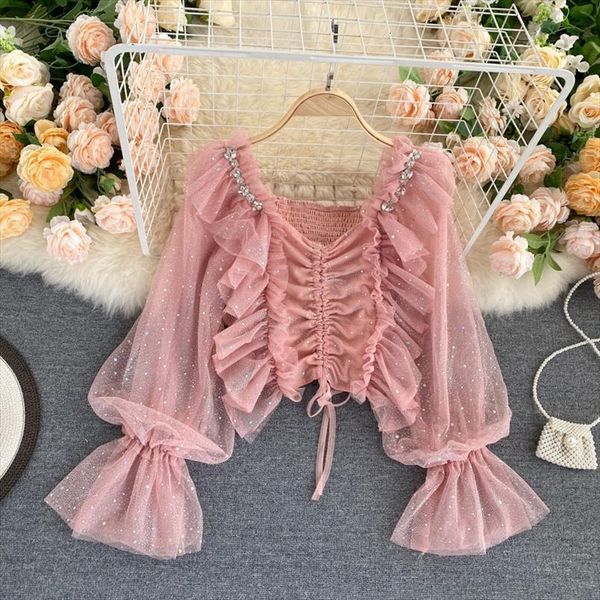 

court bling shiny mesh women blouses long sleeve sweet wood ear short shirt autumn fashion elegant blouse p613, White