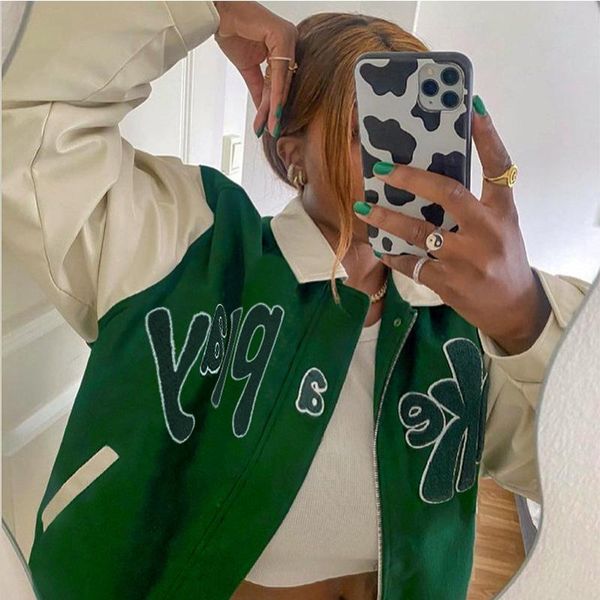 

women's jackets 2021 autumn letter take play bomber jacket women green denim sleeve with applique baseball, Black;brown