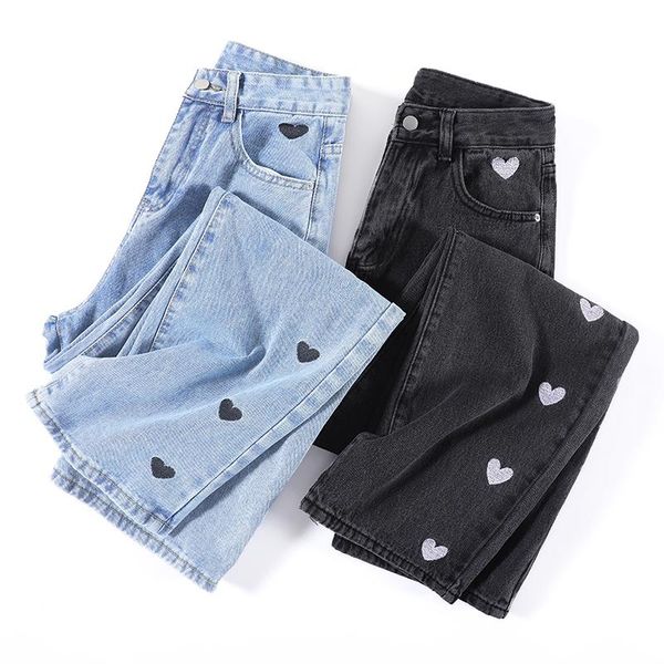 

women's jeans women 2021 spring heart embroidery streetwear high waist wide leg long pants vintage casual baggy straight denim trouser, Blue