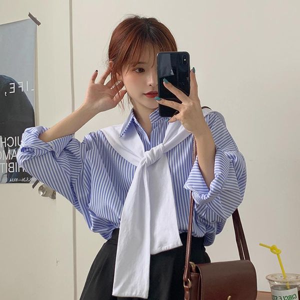 

women's blouses & shirts spring summer 2021 korean fashion loose blue striped shirt all-match outer wear sun y2k protection with shawl, White