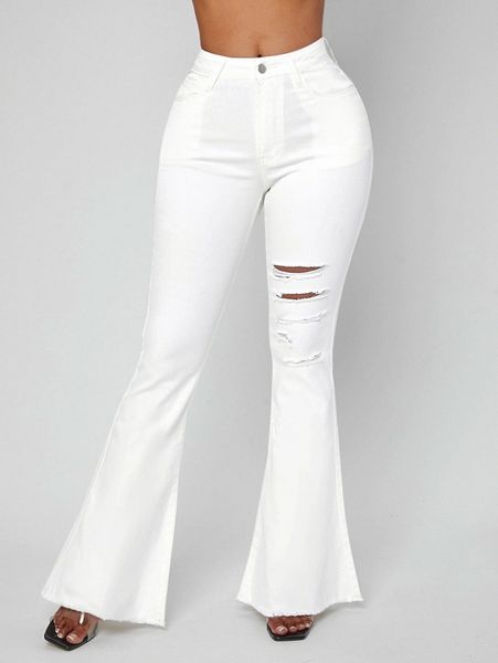 

raw hem ripped flared jeans i6cr#, Blue