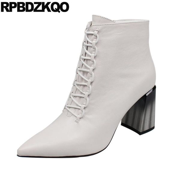 

boots block genuine leather white shoes fall chunky winter front lace up casual ankle autumn luxury high heel women pointed toe, Black