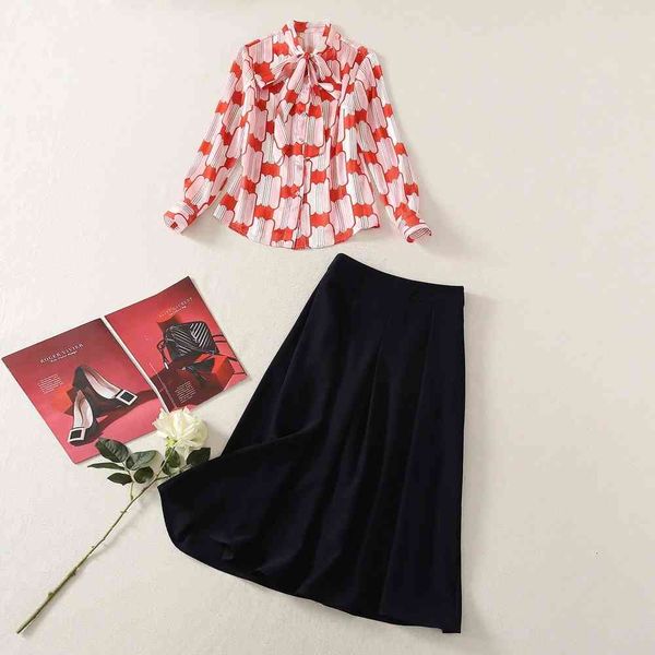 

two piece dress european and american high-quality printed bow tie shirt + pleated high waist skirt suit pd2q, White
