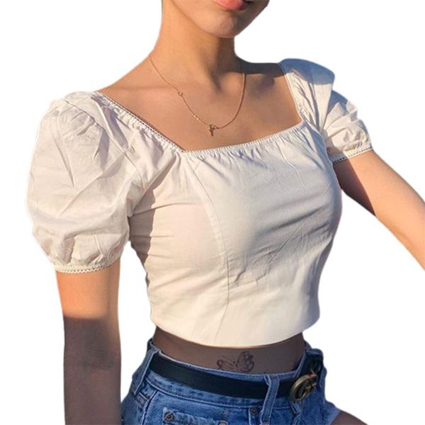 

square neck white crop women 2021 summer short puff sleeve lace lettuce trim fairy ootd t-shirts women's t-shirt