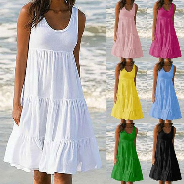 

women causual o neck sleeveless ruffles mini dress boho solid beach sundress plus size loose summer 210428, Black;gray
