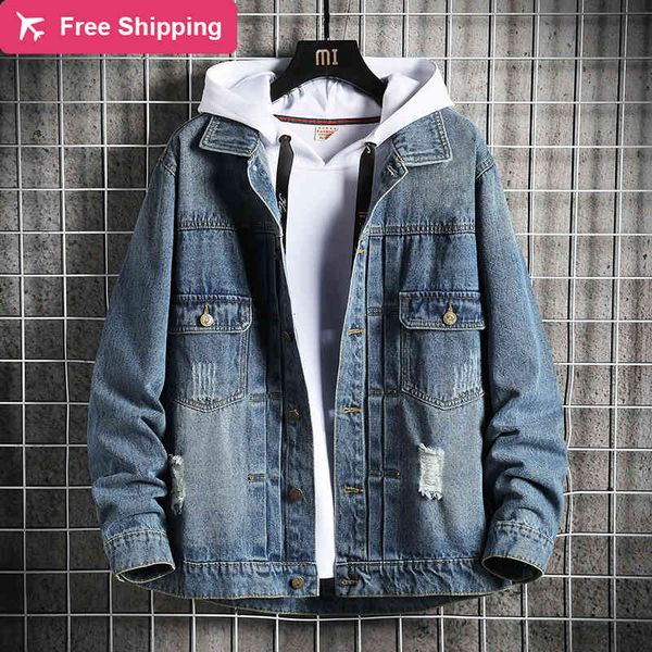 

young denim good quality jean jacket thin autumn men retro blue jackets, Black