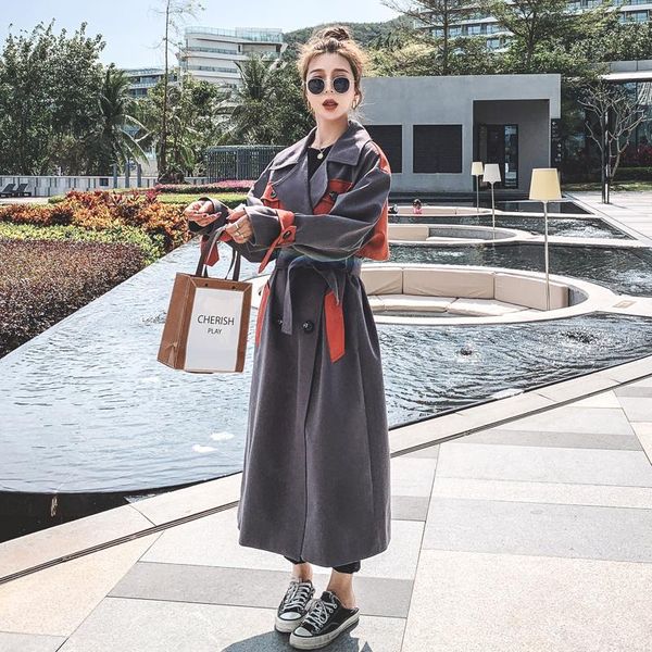 

women's trench coats brand oversize loose long coat women double-breasted patchwork duster for lady spring autumn female outerwear, Tan;black