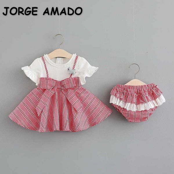 

summer kids girls 2-pcs sets two fake plaid bow skirts +lace shorts children outfits e294 210610, White