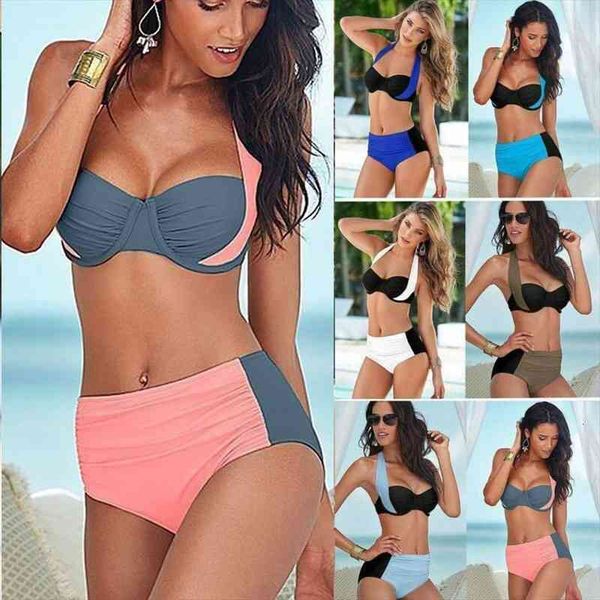 

womens patchwork halter neck bikini set high waisted push up swimwear, White;black