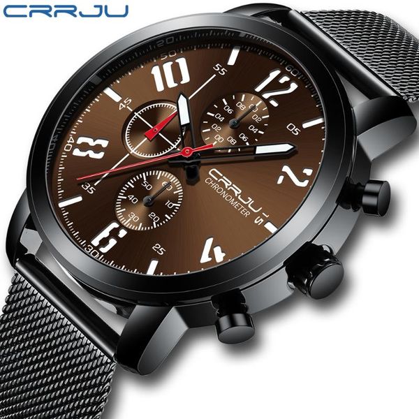 

wristwatches men watch crrju brand stainless steel waterproof chronograph date watches mens business quartz wristwatch reloj hombre, Slivery;brown
