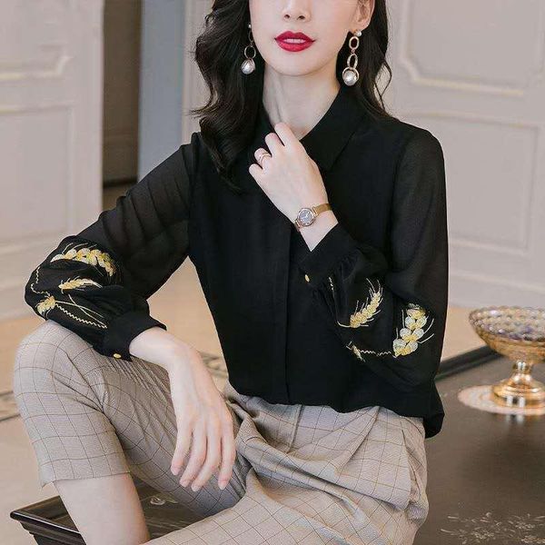 

women's spring autumn style silk blouses shirts embroidery v-neck solid color long sleeve casual sp557 &, White