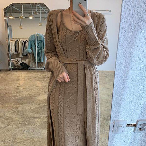 

casual dresses women's dress cardigan sweater korean autumn winter french jacquard long + knitted suspender set forwomen, Black;gray