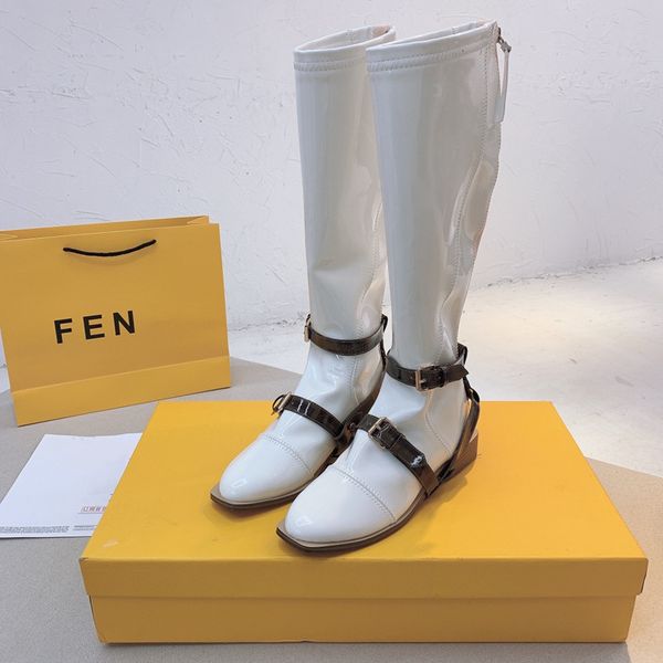 

boots designer 2021 french autumn and winter new women's patent leather thick long tube elastic thin back zipper low heel detachable st, Black
