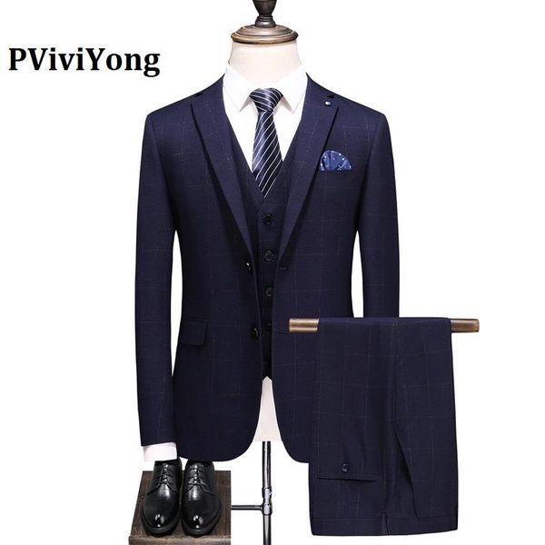 

men's suits & blazers pviviyong brand 2021 suit men groom wedding grid blue business three-piece (jackets + vest pants) a807, White;black