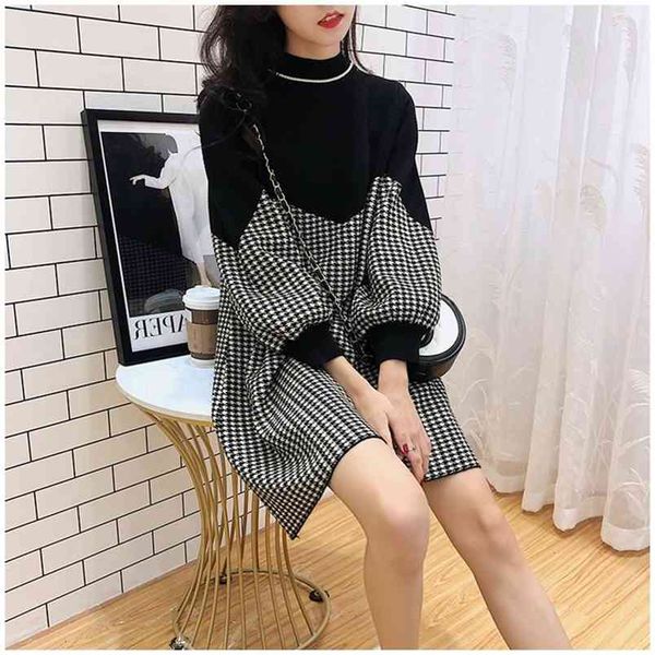 

retro loose long sleeve knitted jumpers vest women fashion casual striped outer wear pullover sweater dress female 210427, White;black