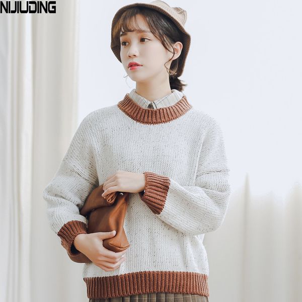 

khaki loose knitted sweater women's patchwork long sleeve pullovers o-neck sweaters vintage female autumn winter 210514, White;black