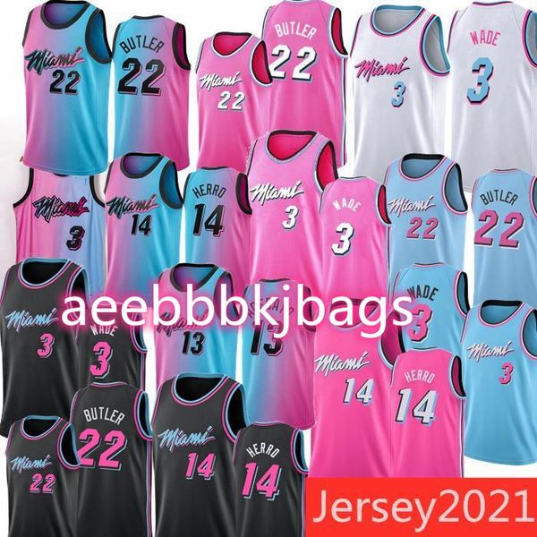 

kid menmiami dwyane 3 wade jimmy 22 butler jerseys tyler 14 herro bam 13 adebayo 55 robinson 2020-21 pink bule white city basketball, Black;red
