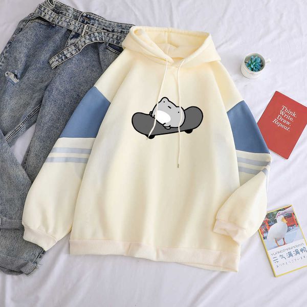 

skateboard frog kawaii hoodie autumn winter funny fleece hit color stitching hooded harajuku cartoon print women y2k sweatshirt 210930, Black