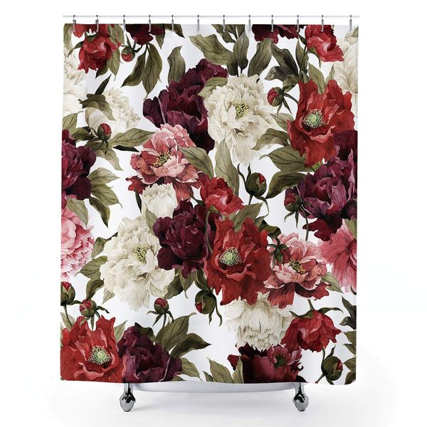 

watercolor flowers floral shower curtain rustic rose red white girl retro leaves blossom peony woman 60wx72l inch waterproof 12