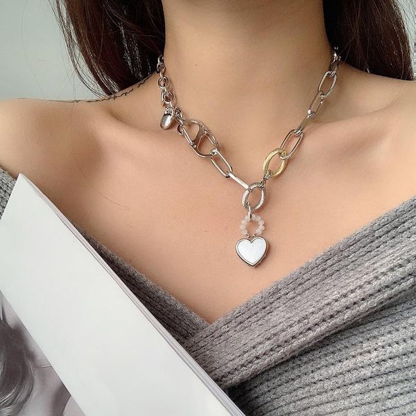 

chains minar trendy white shell love heart pendant necklaces for women chunky hollow link chain asymmetric chokers necklace jewelry, Silver