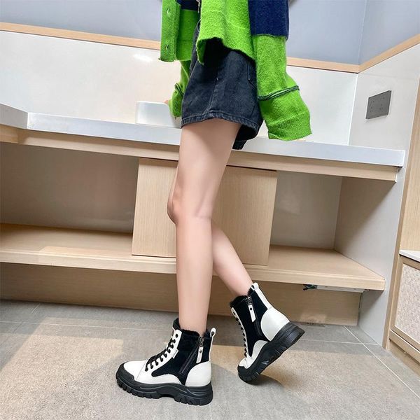 

boots warm and thickened cotton casual 2021 winter color matching leather women's shoes round head, Black