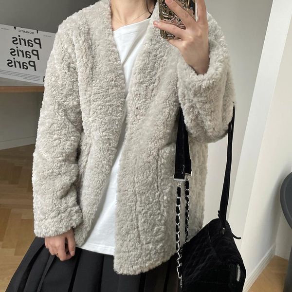 

women's jackets gray shearling v neck double pocket front jacket, Black;brown