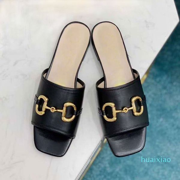 

2021 summer flat-soled slippers soft-soled women's sandals casual fashion open-toed metal buckle red-soled slippers, Black