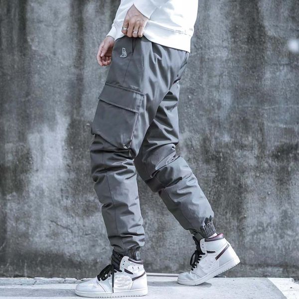 

men's pants hip-hop casual overalls multi-pocket jogging modis street pants, harajuku down, fabric white duck down owl size xs-xxl, Black