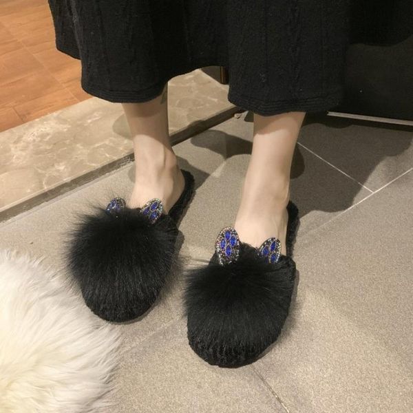

furry slippers winter warm shoes women fur mules for 2021 flats slides rhinestone, Black