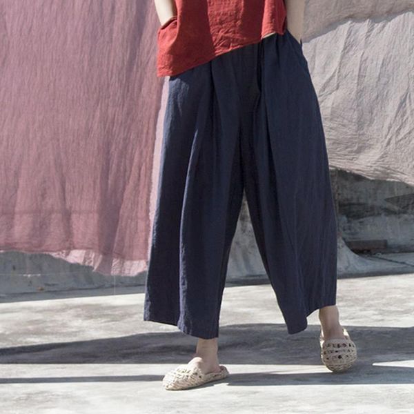 

women's pants & capris women spring summer cotton linen ankle-length harem high waist loose casual retro solid trousers wide leg plus s, Black;white