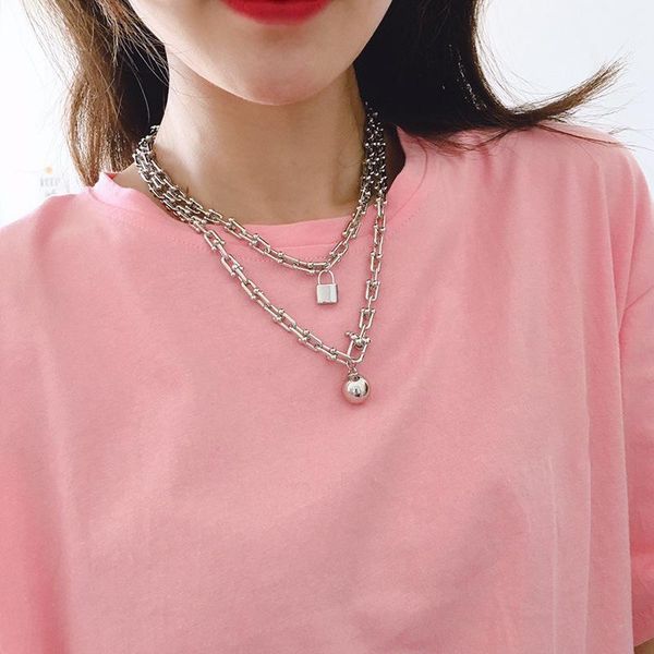 

chains 2021 fashion trend bamboos metal necklace with lock and ball women girls jewelry for daily party dating meeting gifting, Silver