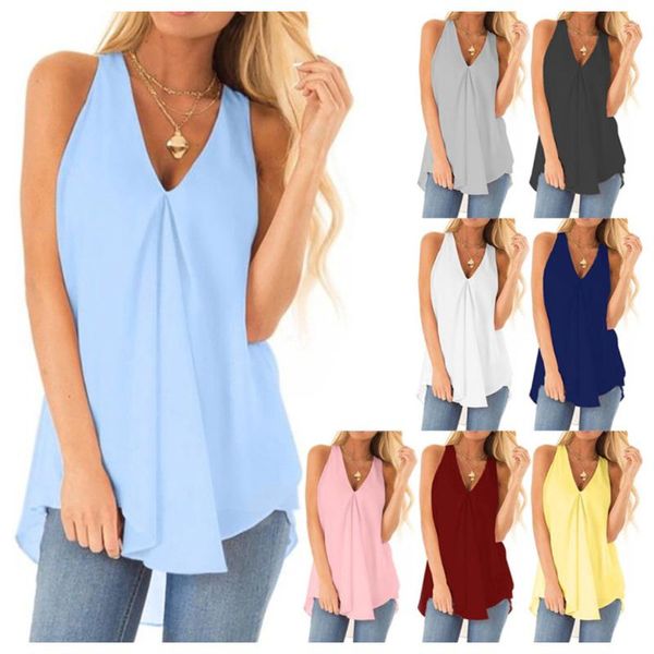 

women's blouses & shirts 2021 chiffon sleeveless women shirt loose hem solid color plus size vintage lady aesthetic streetwear chemise, White