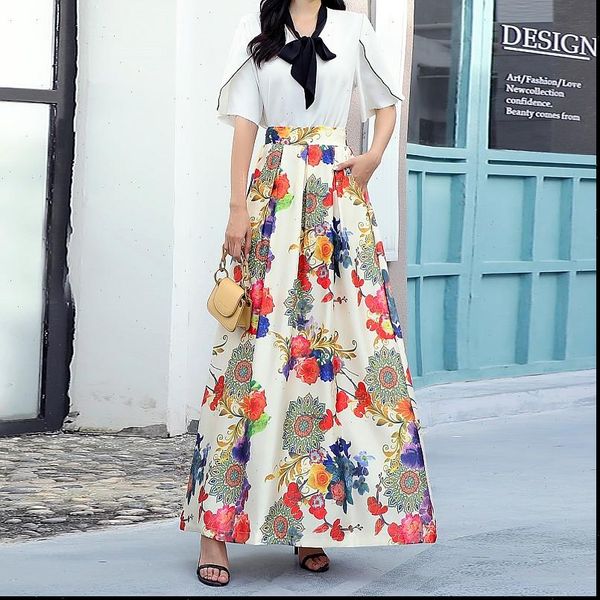 

fashion maxi stain elastic womens skirts stretch waist floral summer fluffy pleated plus size, Black