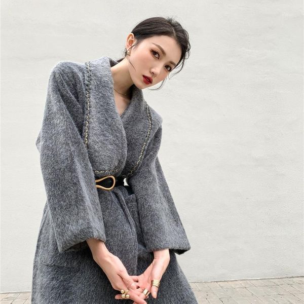 

women's wool & blends womens winter woolen jacket gray temperament thick nizi coat mid-length navy tie straight waisted warm korean sty, Black