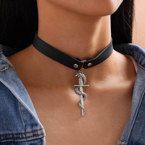 

boho fashion simple punk gothic black faux leather python sword pendant necklaces for women 2021 vintage necklace jewelry gift chains, Silver
