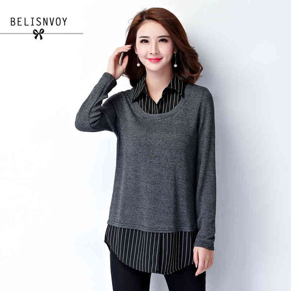 

5xl plus size women clothing autumn blouse fashion striped pacthwork faux two piece long sleeve femme shirts blusas 210520, White