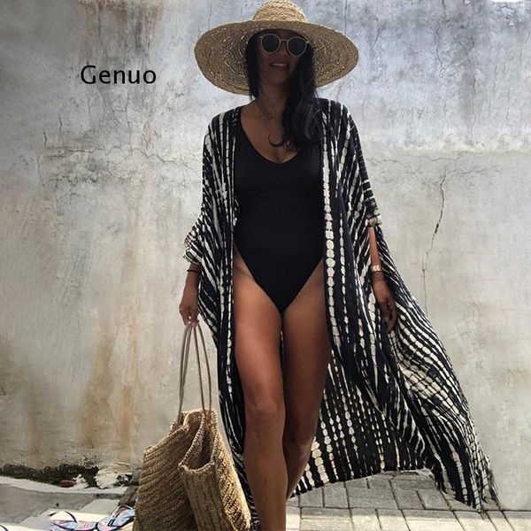 

100% cotton 2021 bikini cover-ups black retro striped self belted women summer kimono dress beach wear swim suit cover up women's swimw, White;black